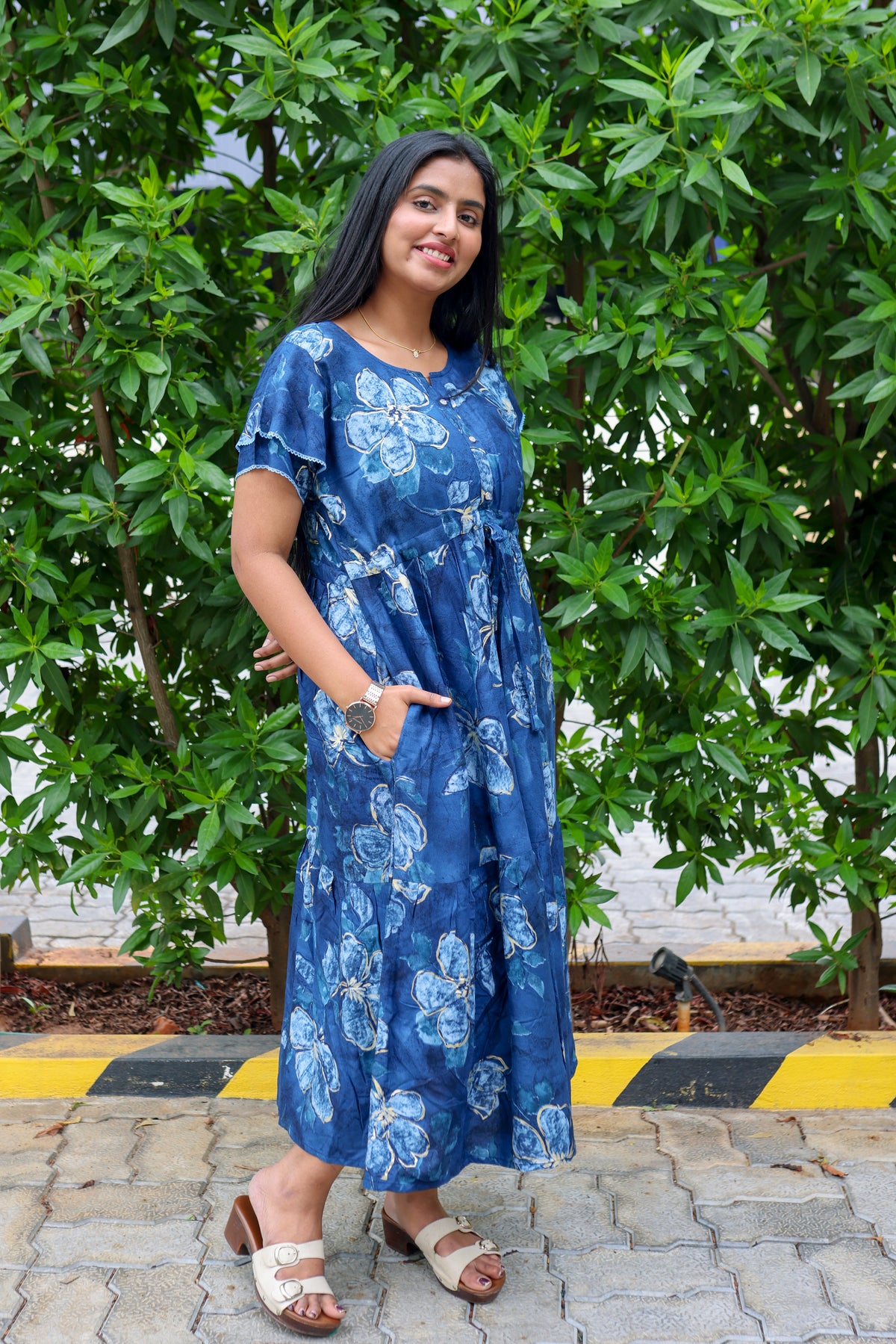 Rayon Colourful Foil Printing Gathering Frock Model Nighties | Side Pocket and Gathering Front Rope | Fancy Sleeve & Maxi Frock Nightwear for Stylish Women's (FGF)