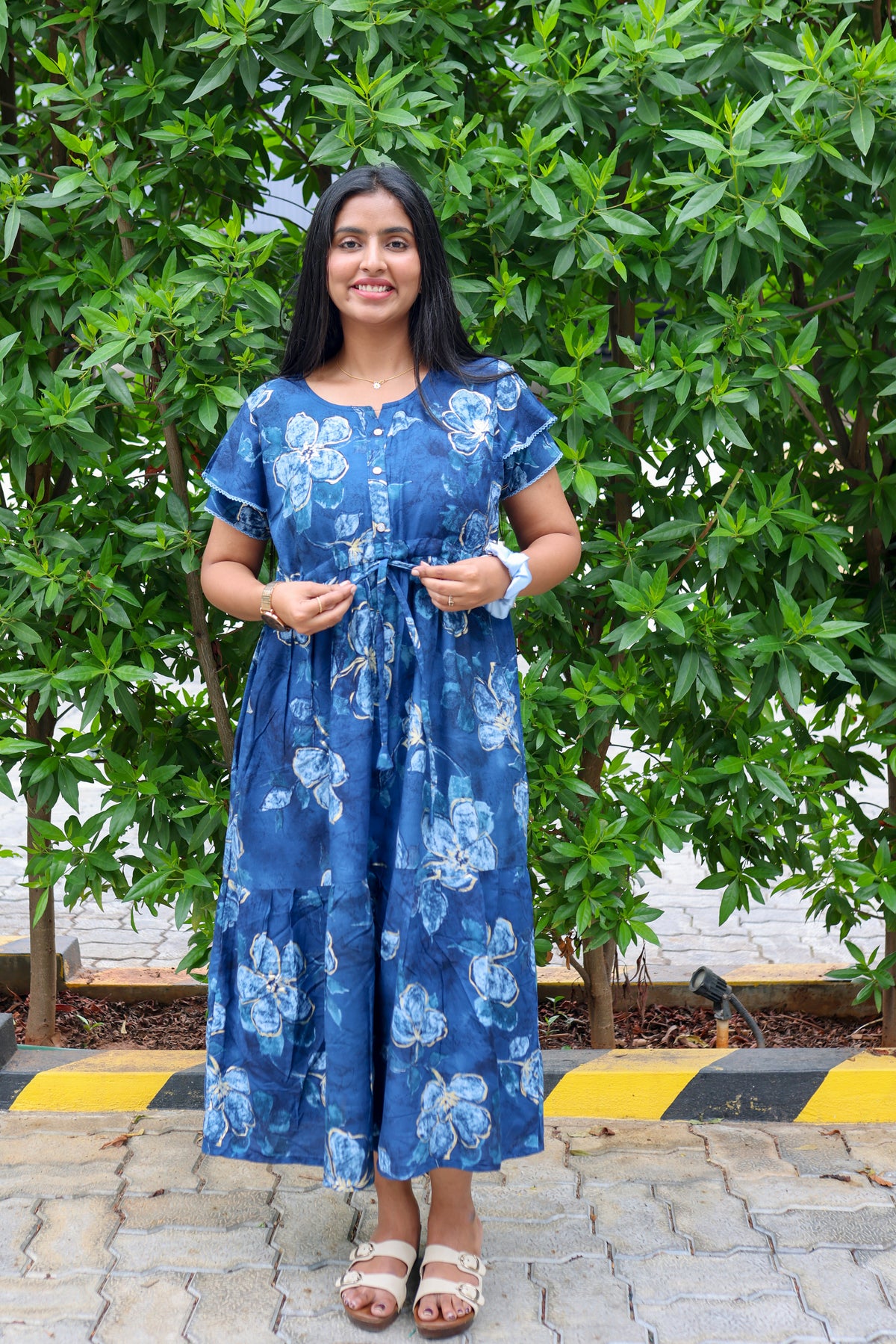 Rayon Colourful Foil Printing Gathering Frock Model Nighties | Side Pocket and Gathering Front Rope | Fancy Sleeve & Maxi Frock Nightwear for Stylish Women's (FGF)