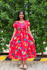 Rayon Colourful Foil Printing Gathering Frock Model Nighties | Side Pocket and Gathering Front Rope | Fancy Sleeve & Maxi Frock Nightwear for Stylish Women's (FGF)