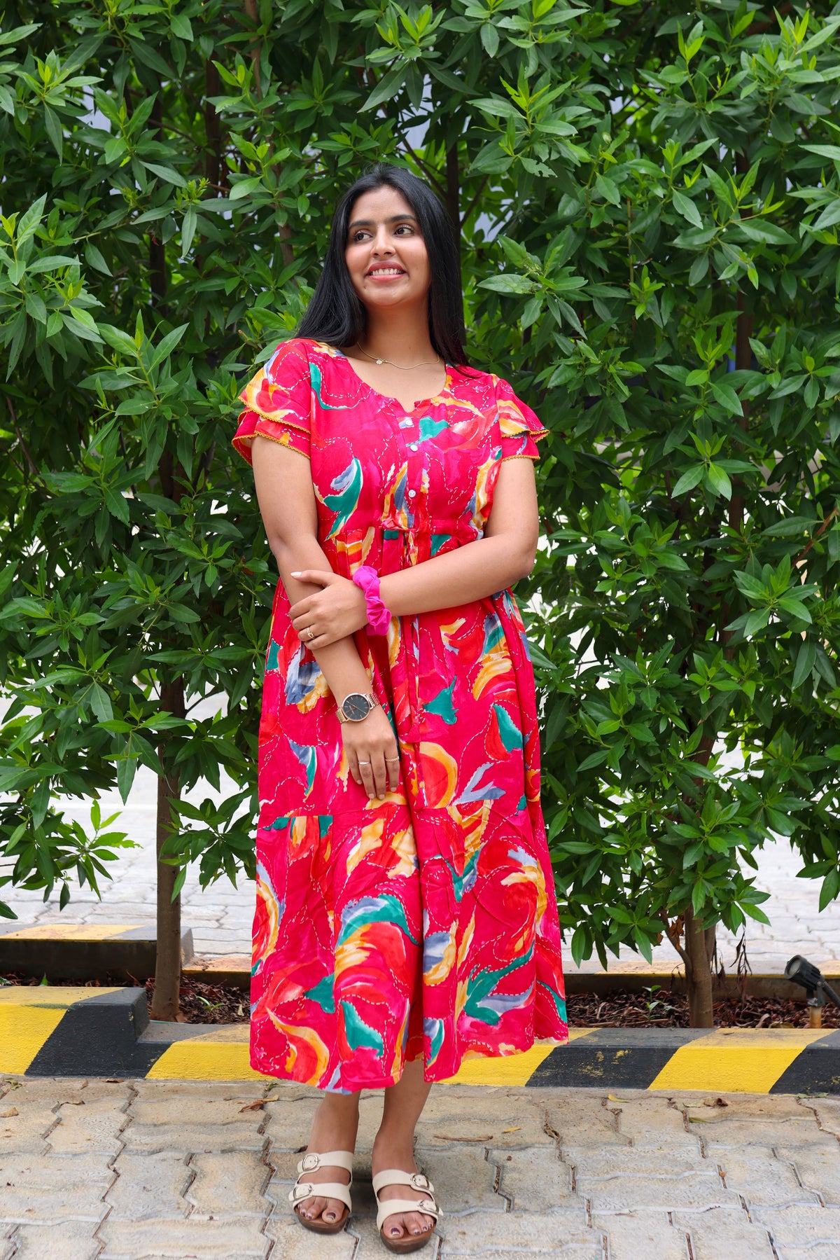 Rayon Colourful Foil Printing Gathering Frock Model Nighties | Side Pocket and Gathering Front Rope | Fancy Sleeve & Maxi Frock Nightwear for Stylish Women's (FGF)