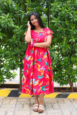 Rayon Colourful Foil Printing Gathering Frock Model Nighties | Side Pocket and Gathering Front Rope | Fancy Sleeve & Maxi Frock Nightwear for Stylish Women's (FGF)