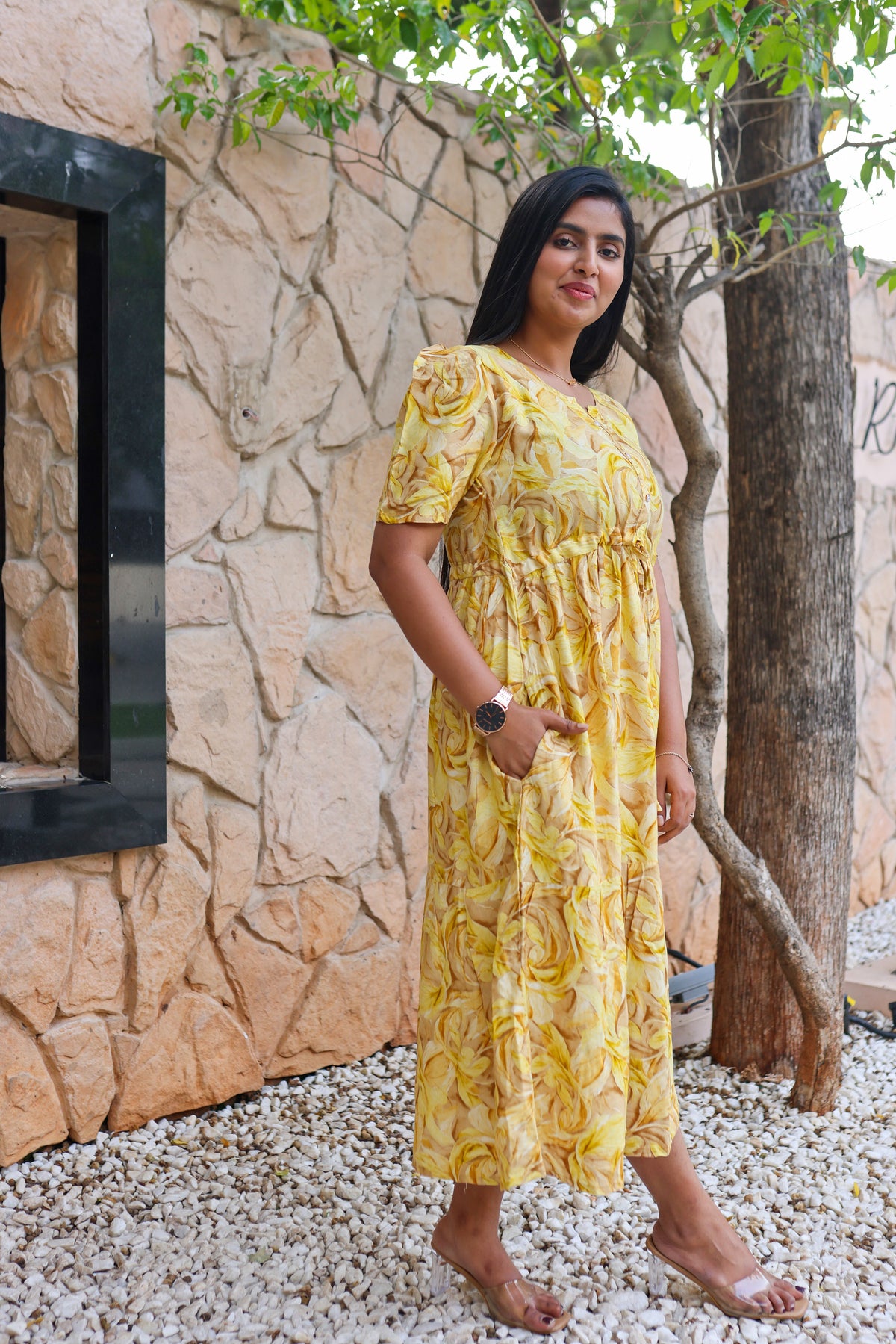 Rayon Colourful Foil Printing Gathering Frock Model Nighties | Side Pocket and Gathering Front Rope | Fancy Sleeve & Maxi Frock Nightwear for Stylish Women's (FGF)