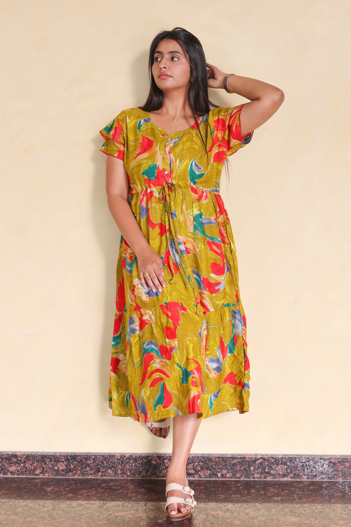 Rayon Colourful Foil Printing Gathering Frock Model Nighties | Side Pocket and Gathering Front Rope | Fancy Sleeve & Maxi Frock Nightwear for Stylish Women's (FGF)