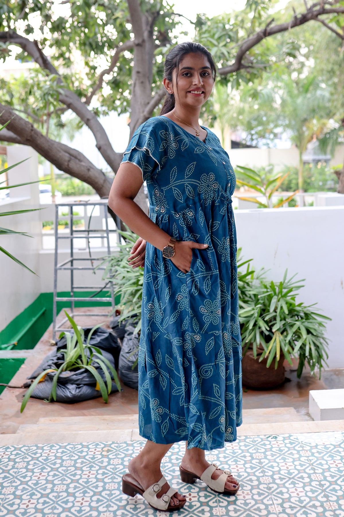 Rayon Colourful Foil Printing Gathering Frock Model Nighties | Side Pocket and Gathering Front Rope | Fancy Sleeve & Maxi Frock Nightwear for Stylish Women's (FGF)