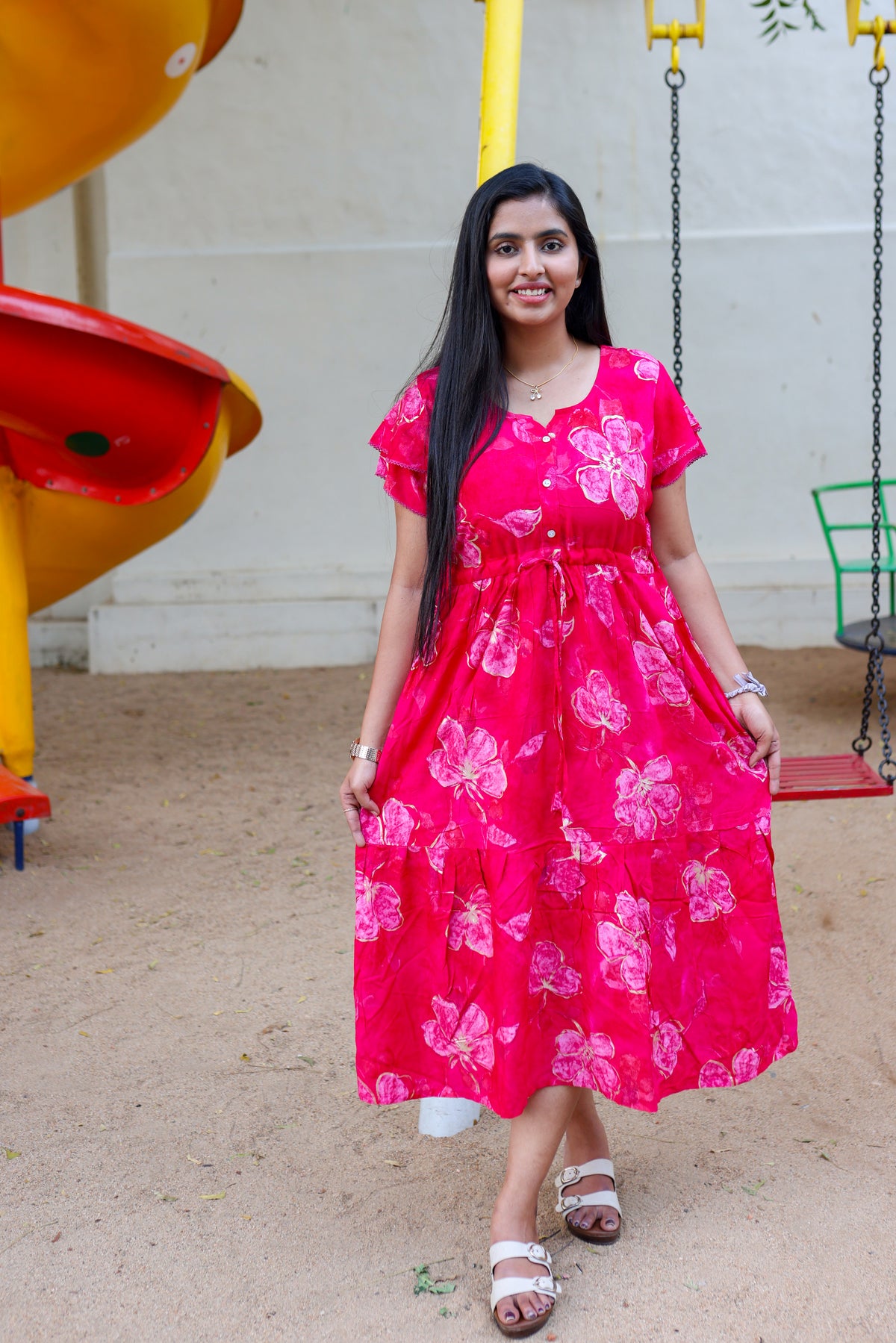 Rayon Colourful Foil Printing Gathering Frock Model Nighties | Side Pocket and Gathering Front Rope | Fancy Sleeve & Maxi Frock Nightwear for Stylish Women's (FGF)