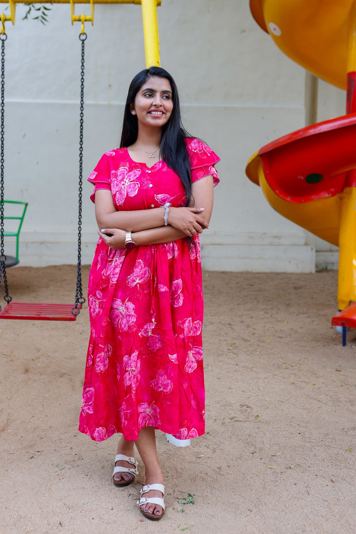 Rayon Colourful Foil Printing Gathering Frock Model Nighties | Side Pocket and Gathering Front Rope | Fancy Sleeve & Maxi Frock Nightwear for Stylish Women's (FGF)