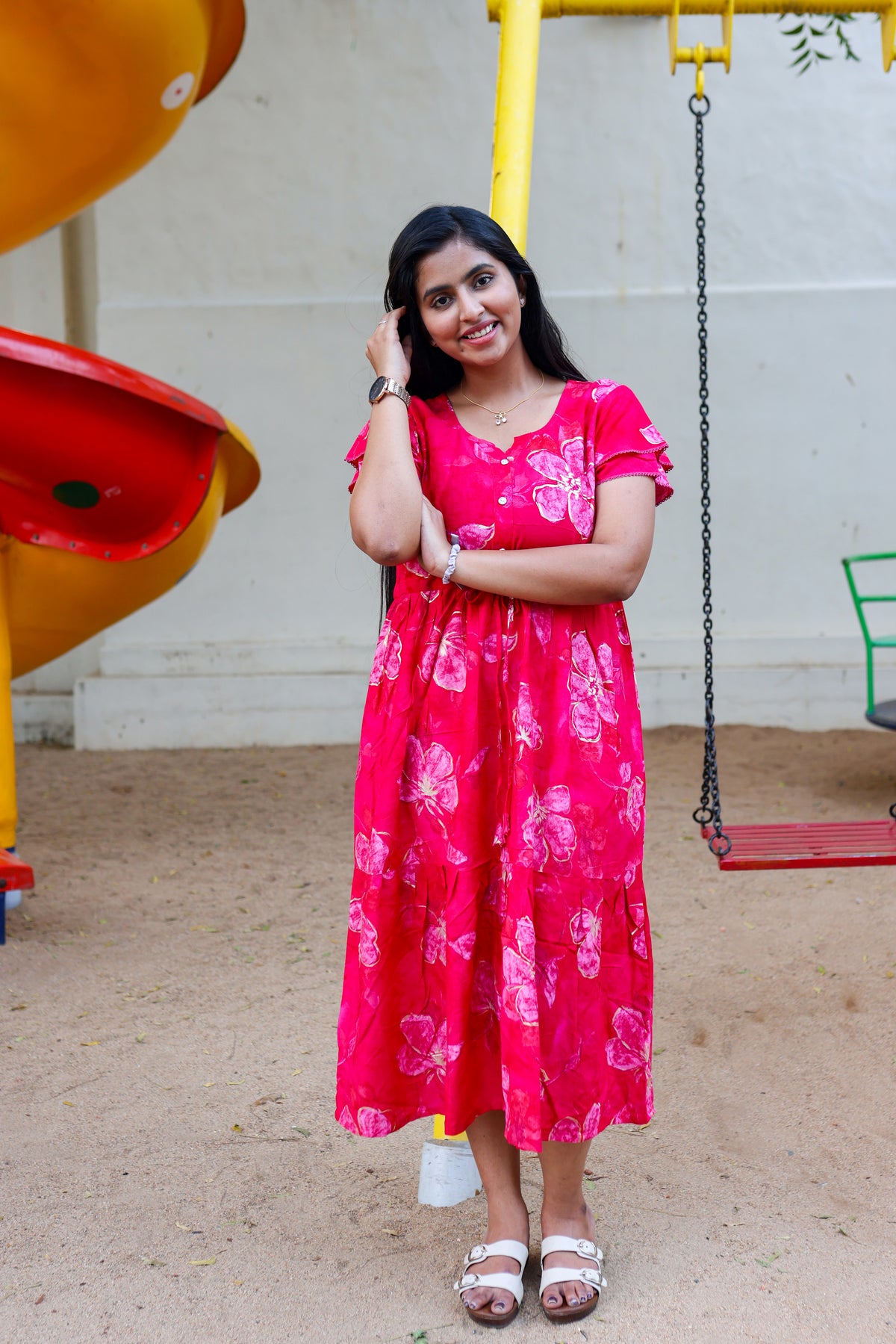 Rayon Colourful Foil Printing Gathering Frock Model Nighties | Side Pocket and Gathering Front Rope | Fancy Sleeve & Maxi Frock Nightwear for Stylish Women's (FGF)