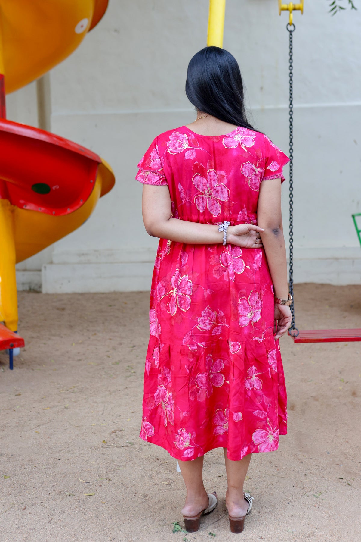 Rayon Colourful Foil Printing Gathering Frock Model Nighties | Side Pocket and Gathering Front Rope | Fancy Sleeve & Maxi Frock Nightwear for Stylish Women's (FGF)