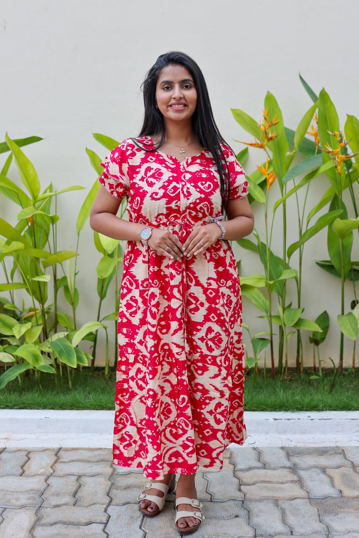 Rayon Colourful Foil Printing Gathering Frock Model Nighties | Side Pocket and Gathering Front Rope | Fancy Sleeve & Maxi Frock Nightwear for Stylish Women's (FGF)