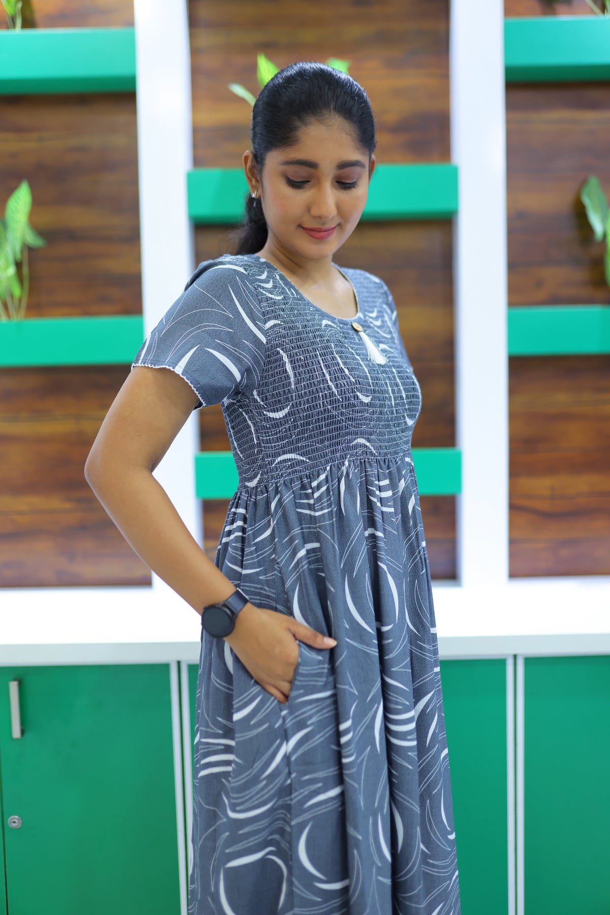 ALPINE Free Size Smocking Nighty | Beautiful Pleated Design | Side Pocket | Elastic Stretchable Model | Stylish Nighty for Trendy Women's(ALS-FS)