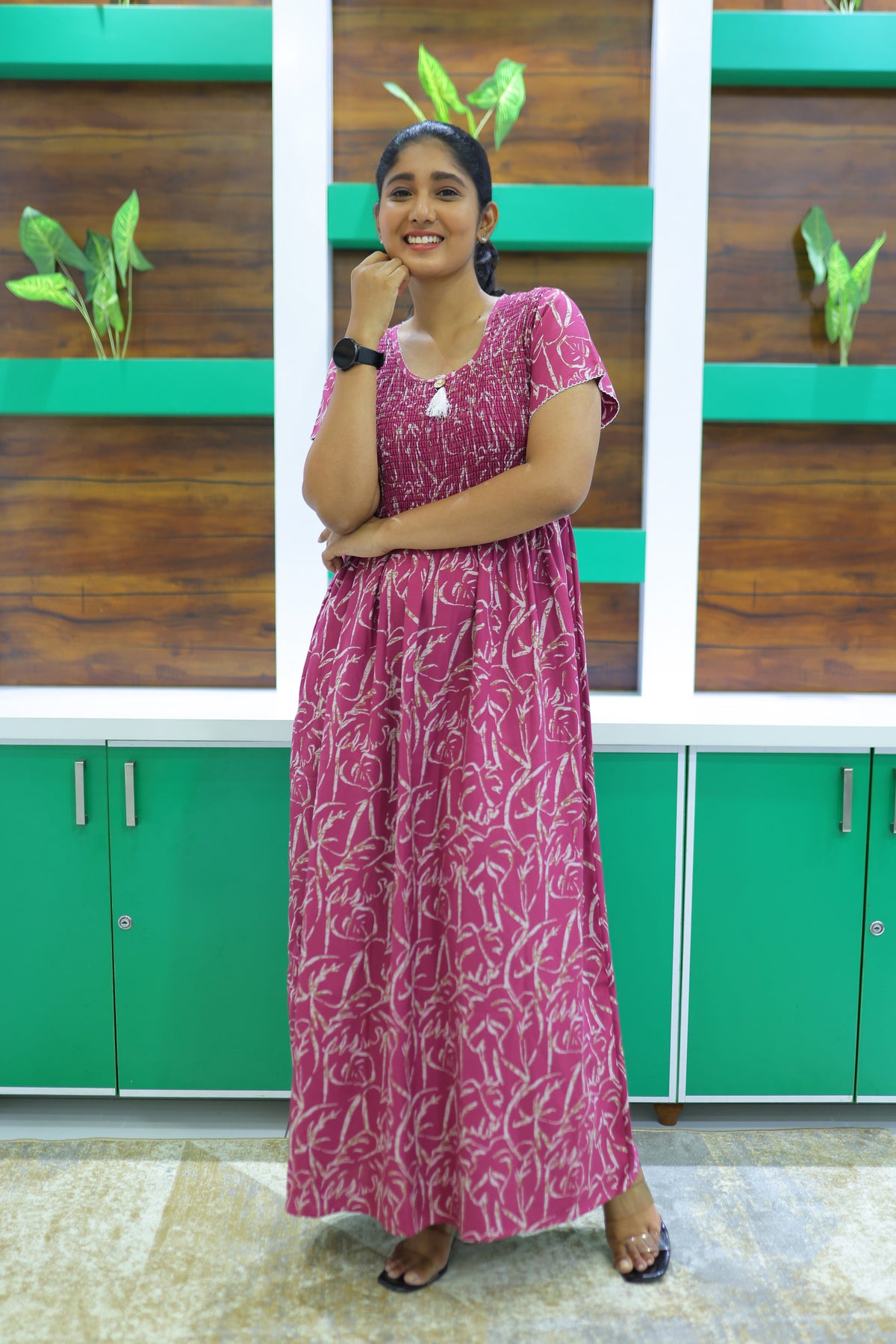 ALPINE Free Size Smocking Nighty | Beautiful Pleated Design | Side Pocket | Elastic Stretchable Model | Stylish Nighty for Trendy Women's(ALS-FS)