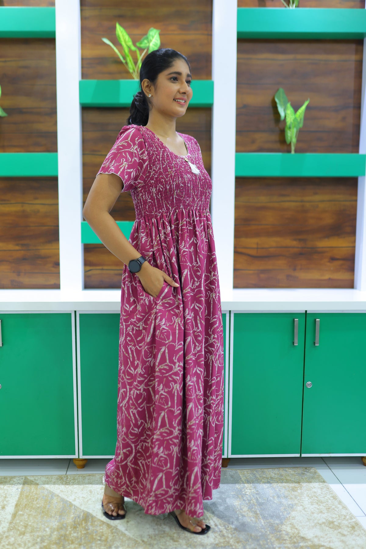 ALPINE Free Size Smocking Nighty | Beautiful Pleated Design | Side Pocket | Elastic Stretchable Model | Stylish Nighty for Trendy Women's(ALS-FS)