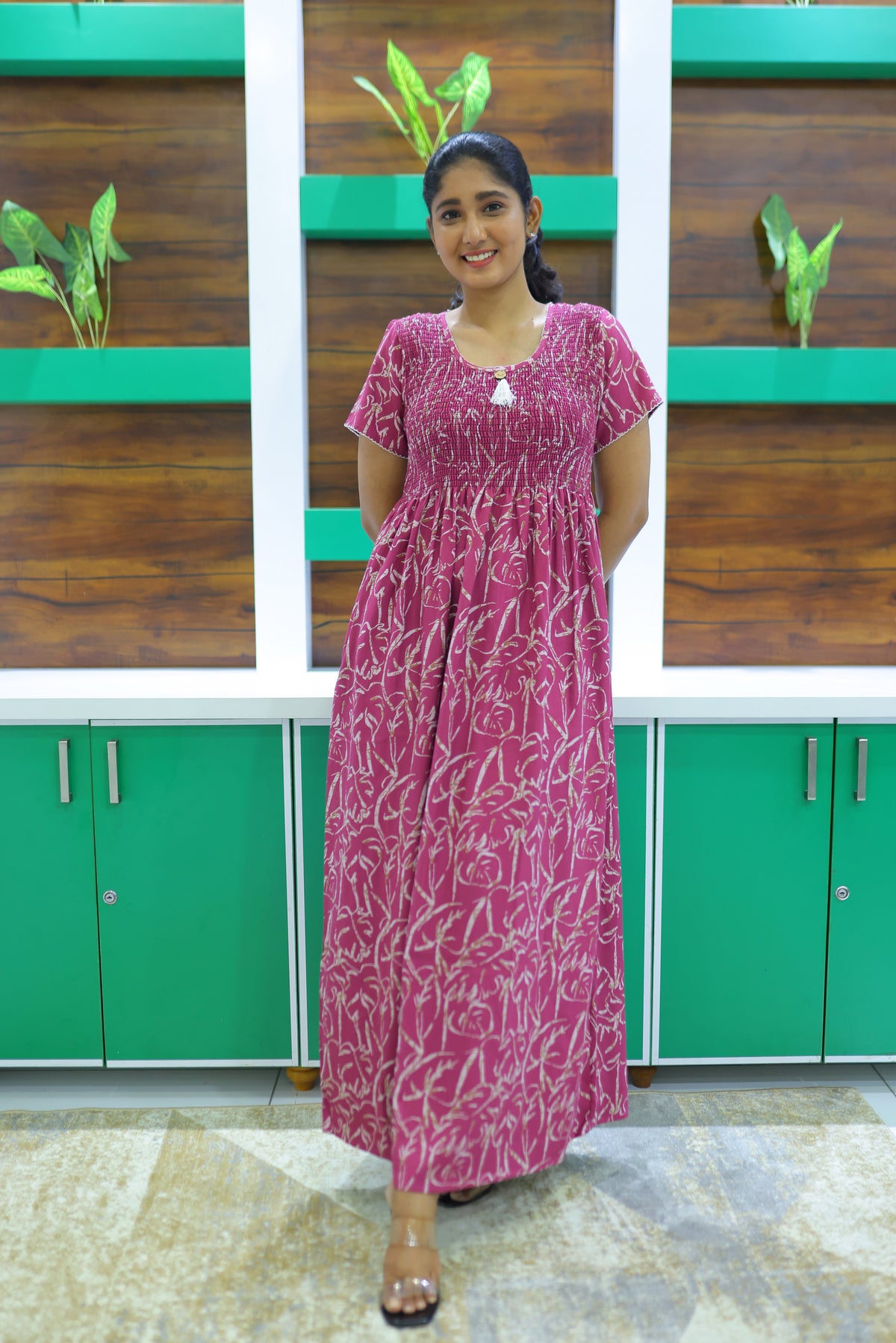 ALPINE Free Size Smocking Nighty | Beautiful Pleated Design | Side Pocket | Elastic Stretchable Model | Stylish Nighty for Trendy Women's(ALS-FS)