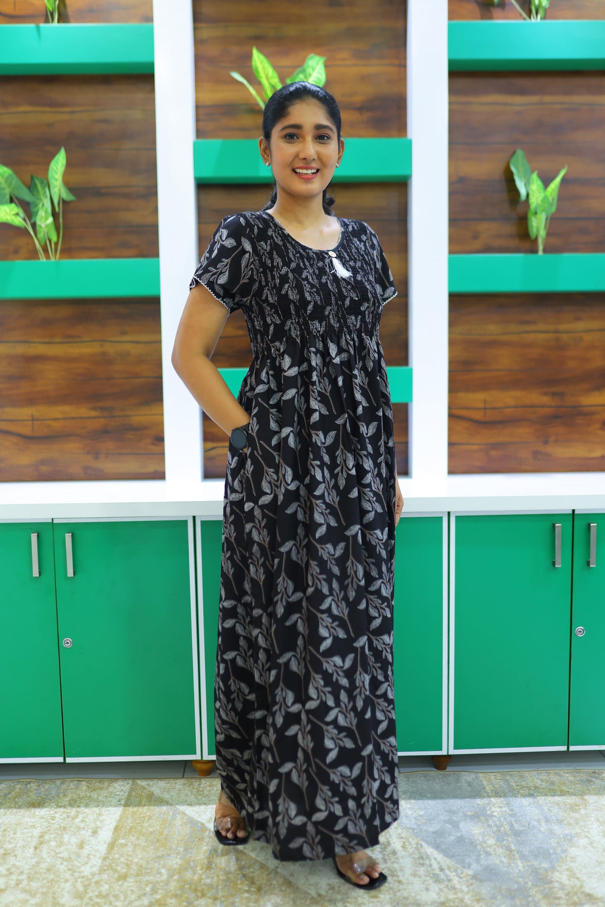 ALPINE Free Size Smocking Nighty | Beautiful Pleated Design | Side Pocket | Elastic Stretchable Model | Stylish Nighty for Trendy Women's(ALS-FS)