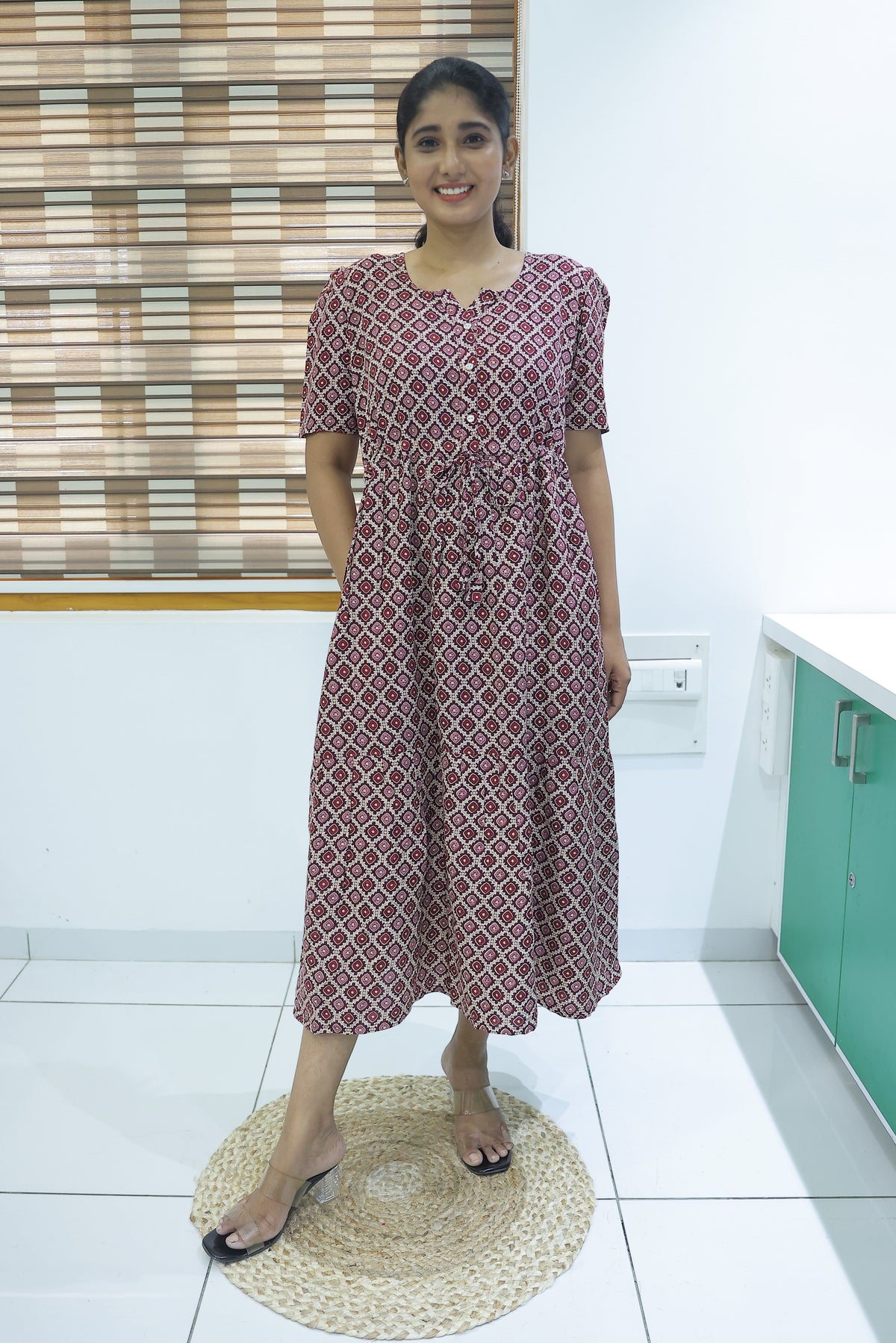 Rayon Colourful Foil Printing Gathering Frock Model Nighties | Side Pocket and Gathering Front Rope | Fancy Sleeve & Maxi Frock Nightwear for Stylish Women's (FGF)