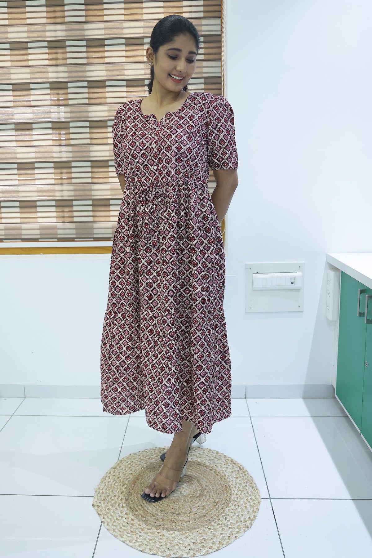 Rayon Colourful Foil Printing Gathering Frock Model Nighties | Side Pocket and Gathering Front Rope | Fancy Sleeve & Maxi Frock Nightwear for Stylish Women's (FGF)