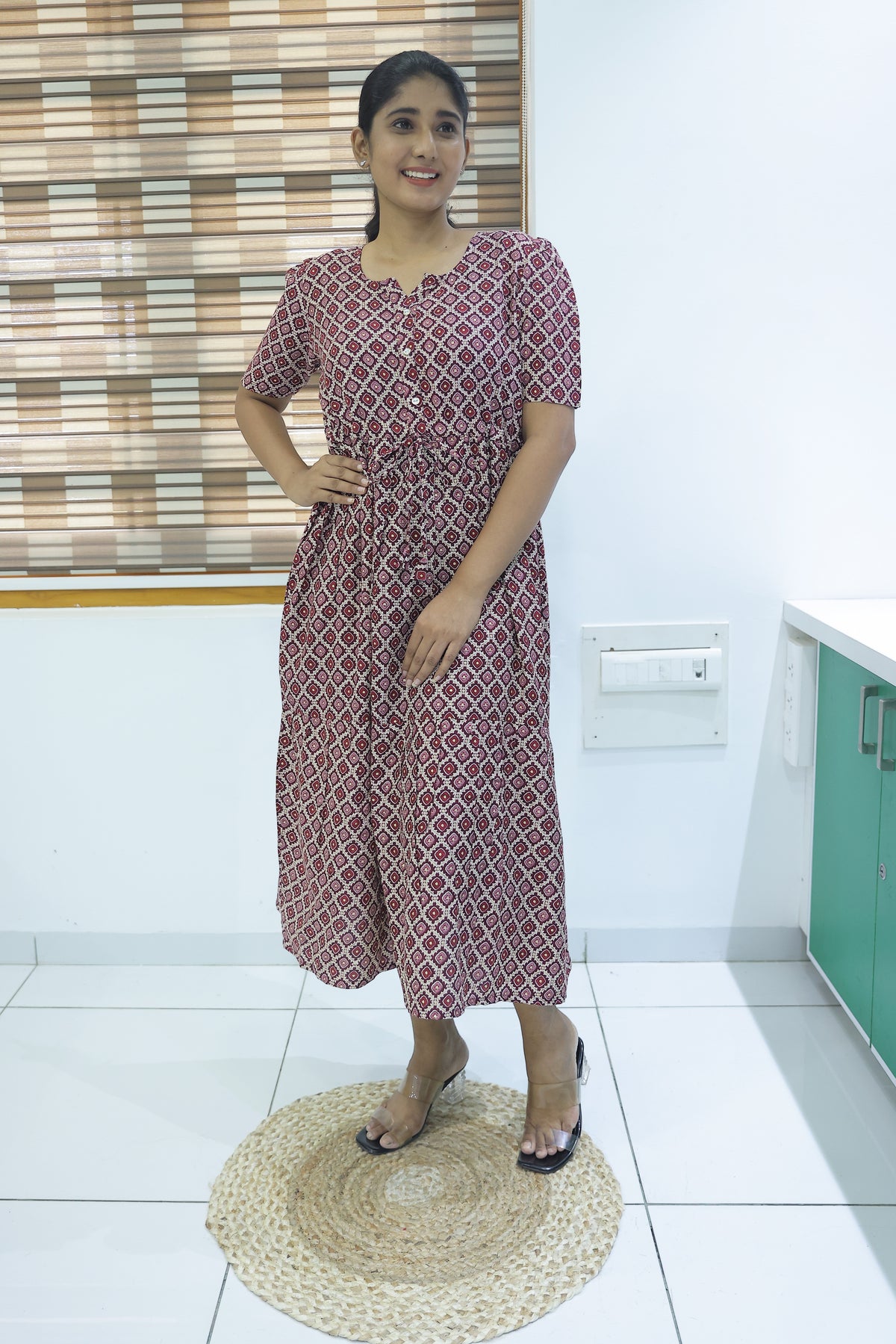Rayon Colourful Foil Printing Gathering Frock Model Nighties | Side Pocket and Gathering Front Rope | Fancy Sleeve & Maxi Frock Nightwear for Stylish Women's (FGF)