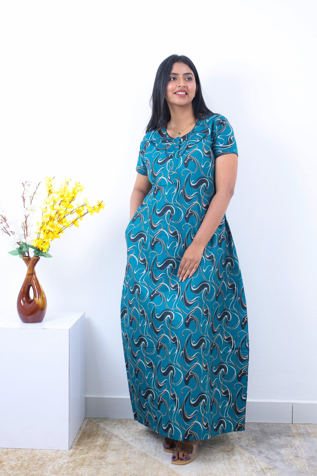 MANGAI New Regular Fit Cotton Printed Nighties - All Over Printed Stylish Nightwear for Stylish Women | Side Cut Pocket | Beautiful Nighties for Stylish Women's | Colourful Printed Cotton Nighties (SLB)