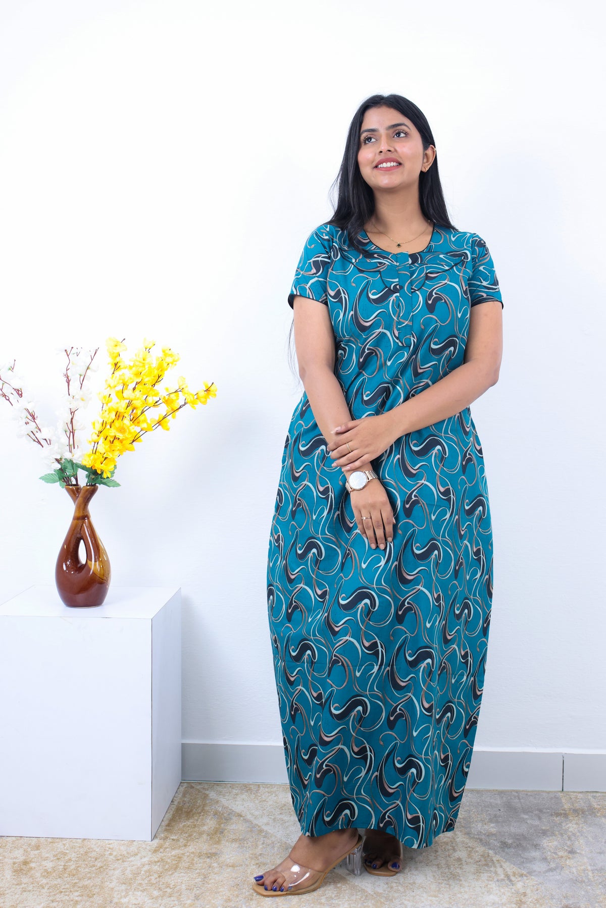 MANGAI New Regular Fit Cotton Printed Nighties - All Over Printed Stylish Nightwear for Stylish Women | Side Cut Pocket | Beautiful Nighties for Stylish Women's | Colourful Printed Cotton Nighties (SLB)