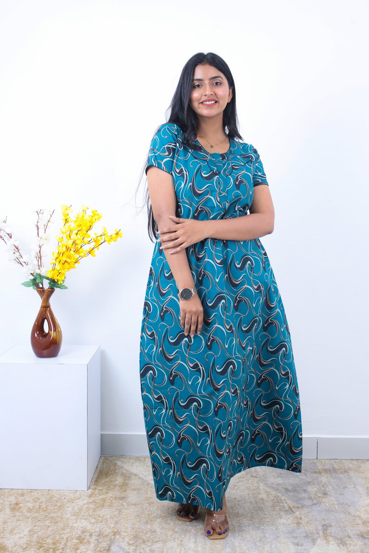 MANGAI New Regular Fit Cotton Printed Nighties - All Over Printed Stylish Nightwear for Stylish Women | Side Cut Pocket | Beautiful Nighties for Stylish Women's | Colourful Printed Cotton Nighties (SLB)