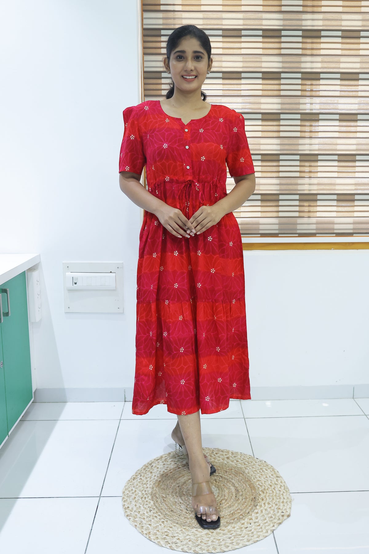 Rayon Colourful Foil Printing Gathering Frock Model Nighties | Side Pocket and Gathering Front Rope | Fancy Sleeve & Maxi Frock Nightwear for Stylish Women's (FGF)