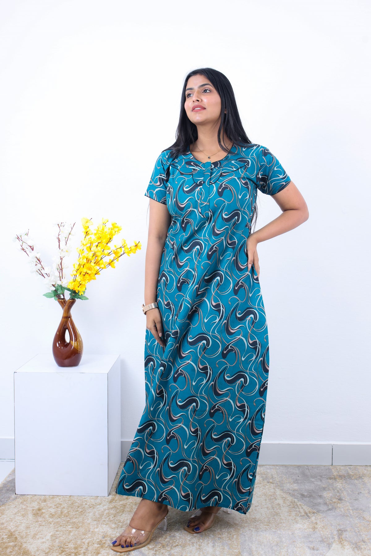 MANGAI New Regular Fit Cotton Printed Nighties - All Over Printed Stylish Nightwear for Stylish Women | Side Cut Pocket | Beautiful Nighties for Stylish Women's | Colourful Printed Cotton Nighties (SLB)