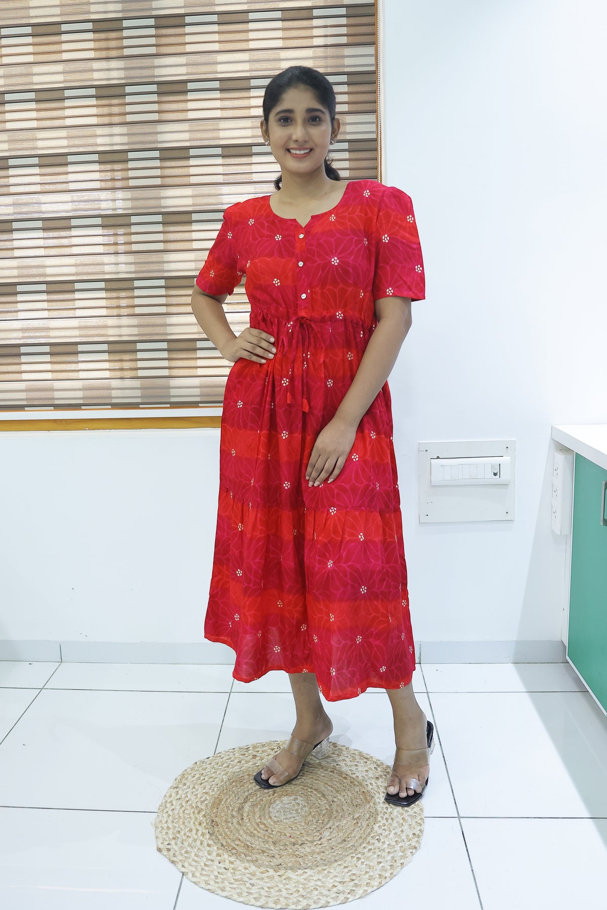 Rayon Colourful Foil Printing Gathering Frock Model Nighties | Side Pocket and Gathering Front Rope | Fancy Sleeve & Maxi Frock Nightwear for Stylish Women's (FGF)