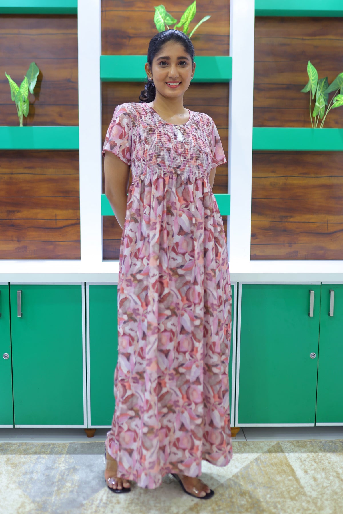 ALPINE Free Size Smocking Nighty | Beautiful Pleated Design | Side Pocket | Elastic Stretchable Model | Stylish Nighty for Trendy Women's (ALS-FS)