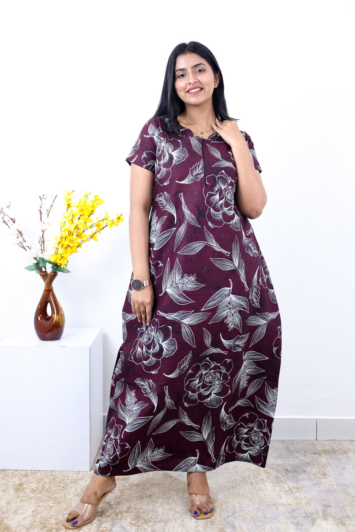 MANGAI New Regular Fit Cotton Printed Nighties - All Over Printed Stylish Nightwear for Stylish Women | Side Cut Pocket | Beautiful Nighties for Stylish Women's | Colourful Printed Cotton Nighties (SLB)