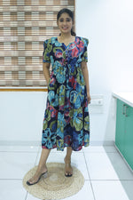 Rayon Colourful Foil Printing Gathering Frock Model Nighties | Side Pocket and Gathering Front Rope | Fancy Sleeve & Maxi Frock Nightwear for Stylish Women's (FGF)