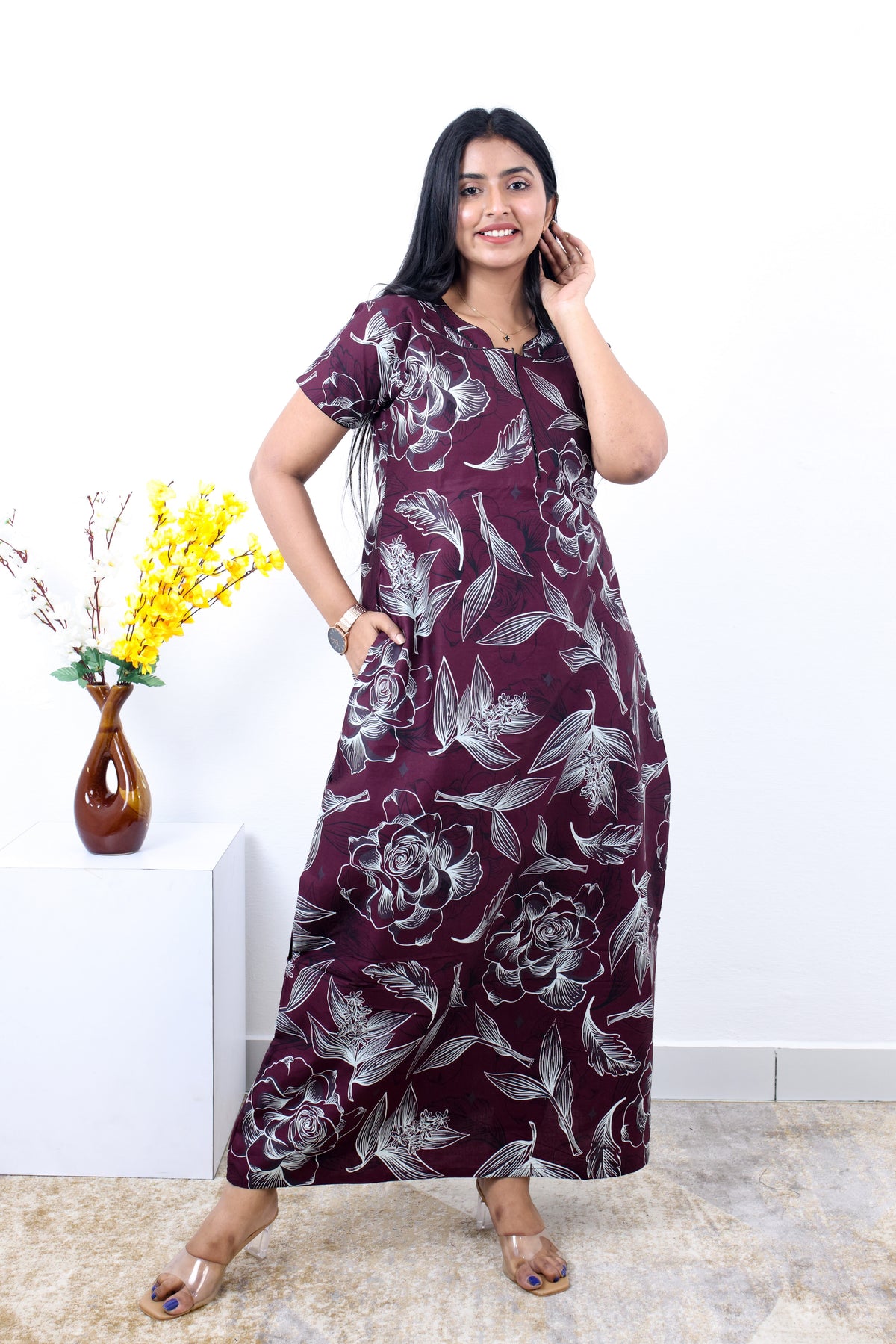 MANGAI New Regular Fit Cotton Printed Nighties - All Over Printed Stylish Nightwear for Stylish Women | Side Cut Pocket | Beautiful Nighties for Stylish Women's | Colourful Printed Cotton Nighties (SLB)