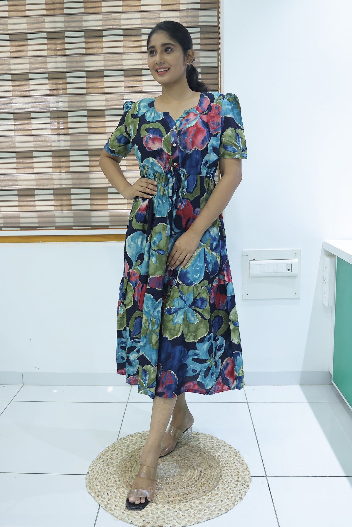 Rayon Colourful Foil Printing Gathering Frock Model Nighties | Side Pocket and Gathering Front Rope | Fancy Sleeve & Maxi Frock Nightwear for Stylish Women's (FGF)
