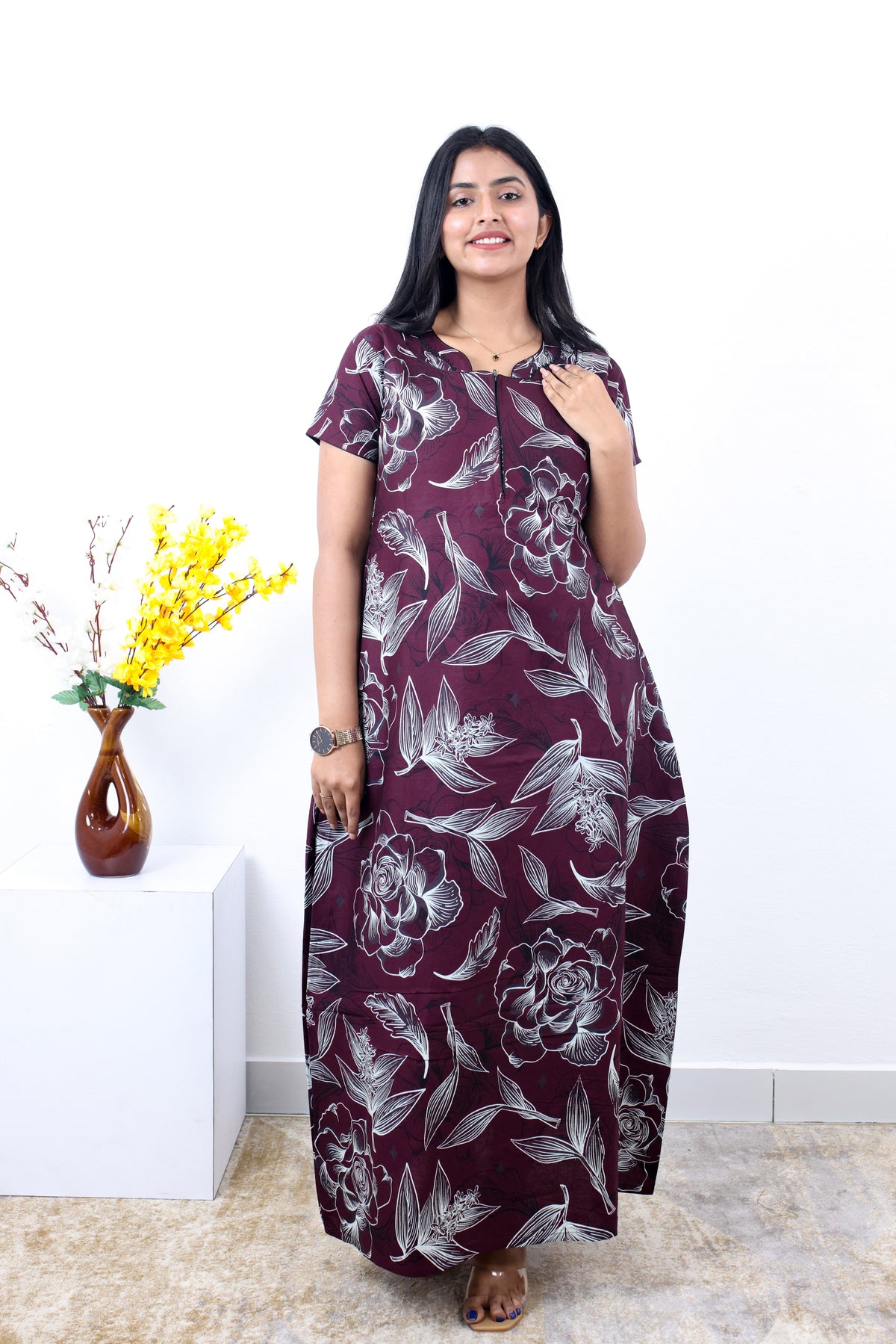 MANGAI New Regular Fit Cotton Printed Nighties - All Over Printed Stylish Nightwear for Stylish Women | Side Cut Pocket | Beautiful Nighties for Stylish Women's | Colourful Printed Cotton Nighties (SLB)