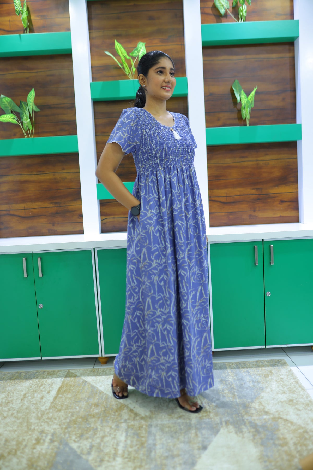 ALPINE Free Size Smocking Nighty | Beautiful Pleated Design | Side Pocket | Elastic Stretchable Model | Stylish Nighty for Trendy Women's(ALS-FS)