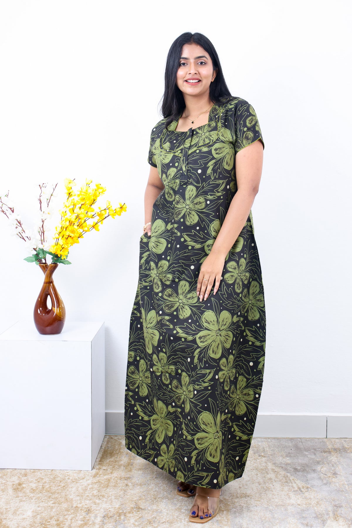 MANGAI New Regular Fit Cotton Printed Nighties - All Over Printed Stylish Nightwear for Stylish Women | Side Cut Pocket | Beautiful Nighties for Stylish Women's | Colourful Printed Cotton Nighties (SLB)