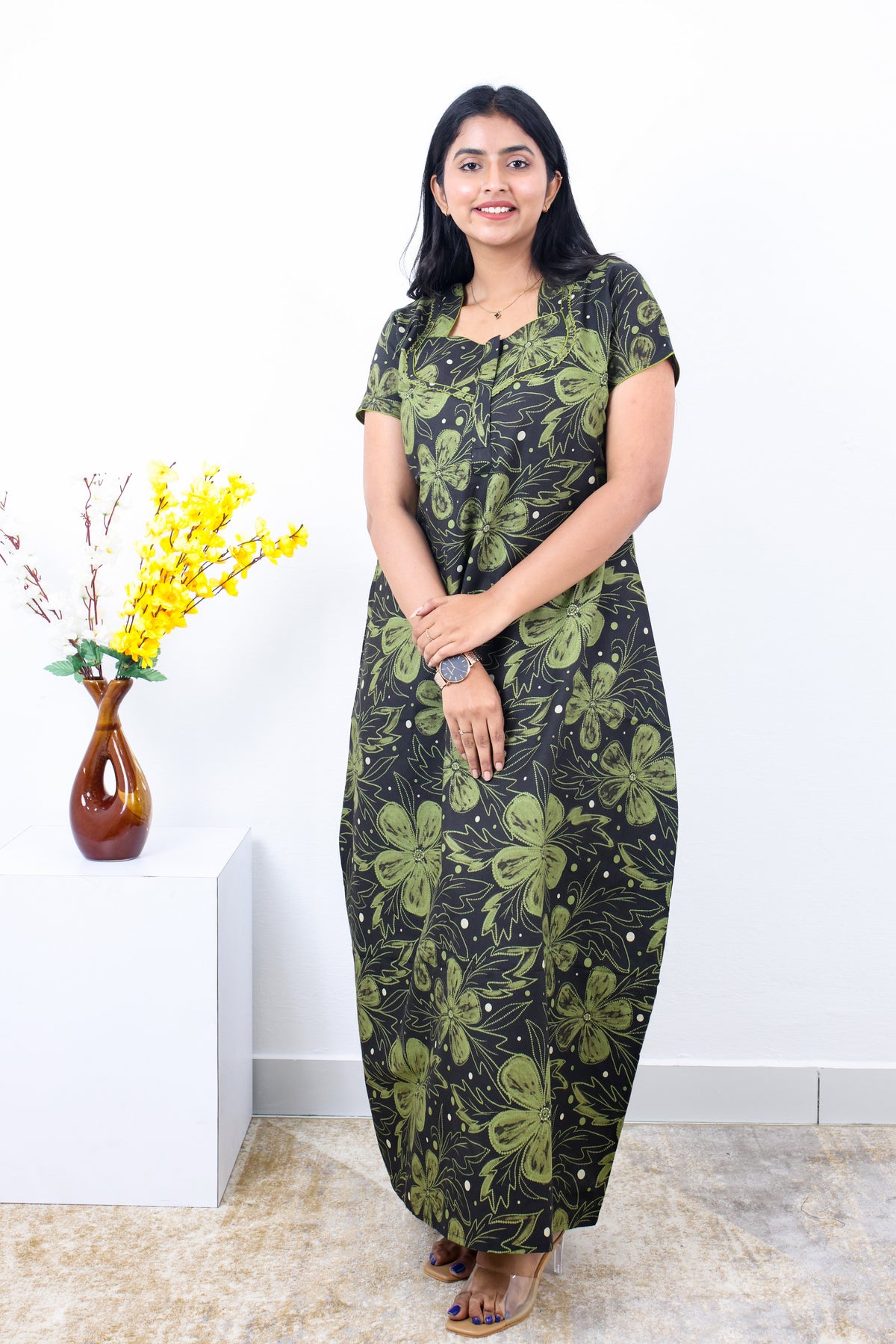 MANGAI New Regular Fit Cotton Printed Nighties - All Over Printed Stylish Nightwear for Stylish Women | Side Cut Pocket | Beautiful Nighties for Stylish Women's | Colourful Printed Cotton Nighties (SLB)