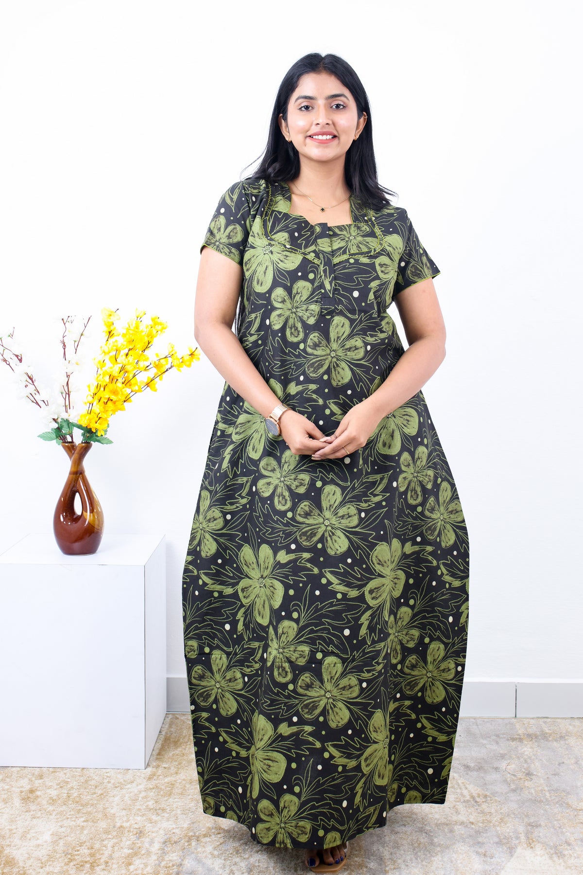 MANGAI New Regular Fit Cotton Printed Nighties - All Over Printed Stylish Nightwear for Stylish Women | Side Cut Pocket | Beautiful Nighties for Stylish Women's | Colourful Printed Cotton Nighties (SLB)