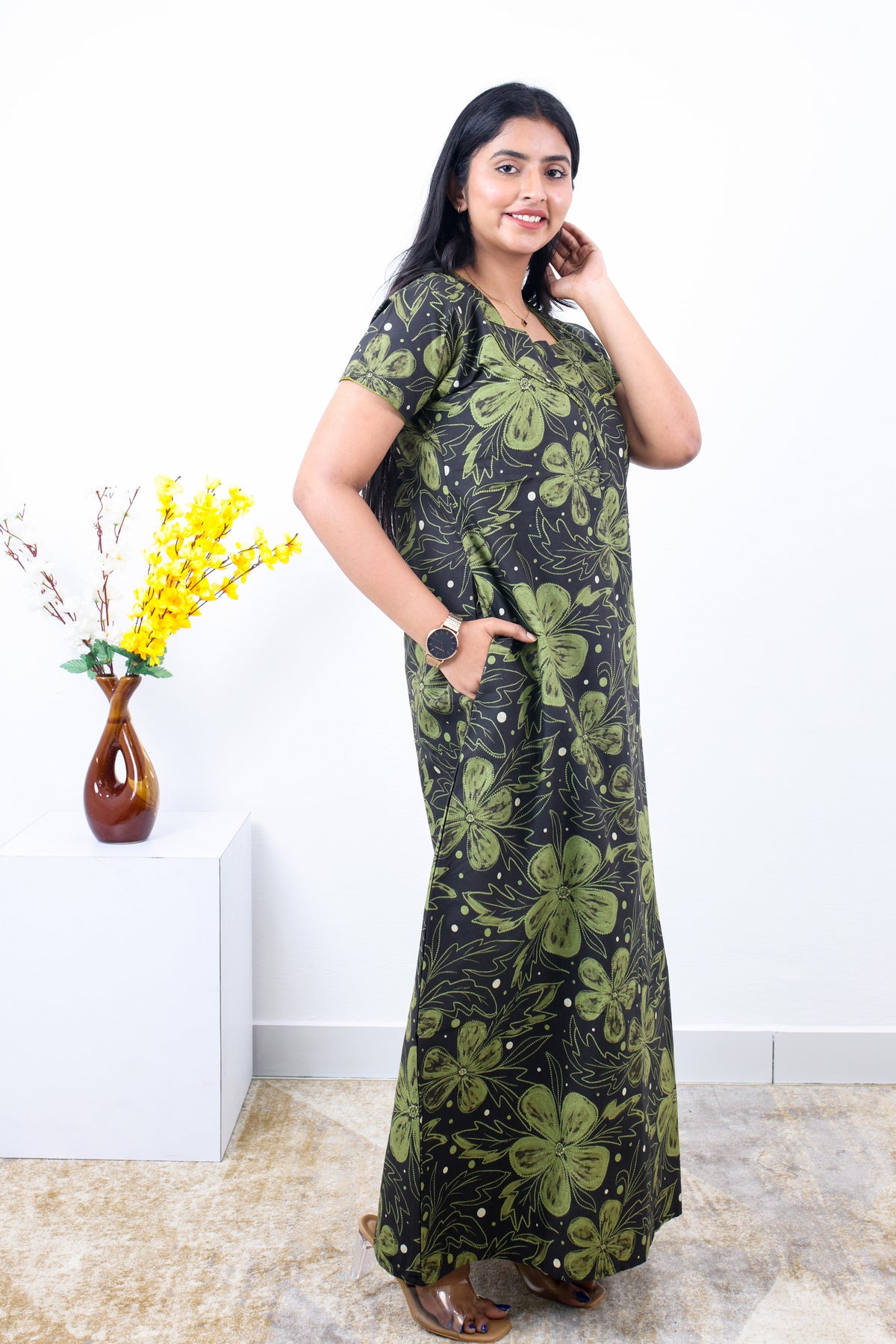 MANGAI New Regular Fit Cotton Printed Nighties - All Over Printed Stylish Nightwear for Stylish Women | Side Cut Pocket | Beautiful Nighties for Stylish Women's | Colourful Printed Cotton Nighties (SLB)