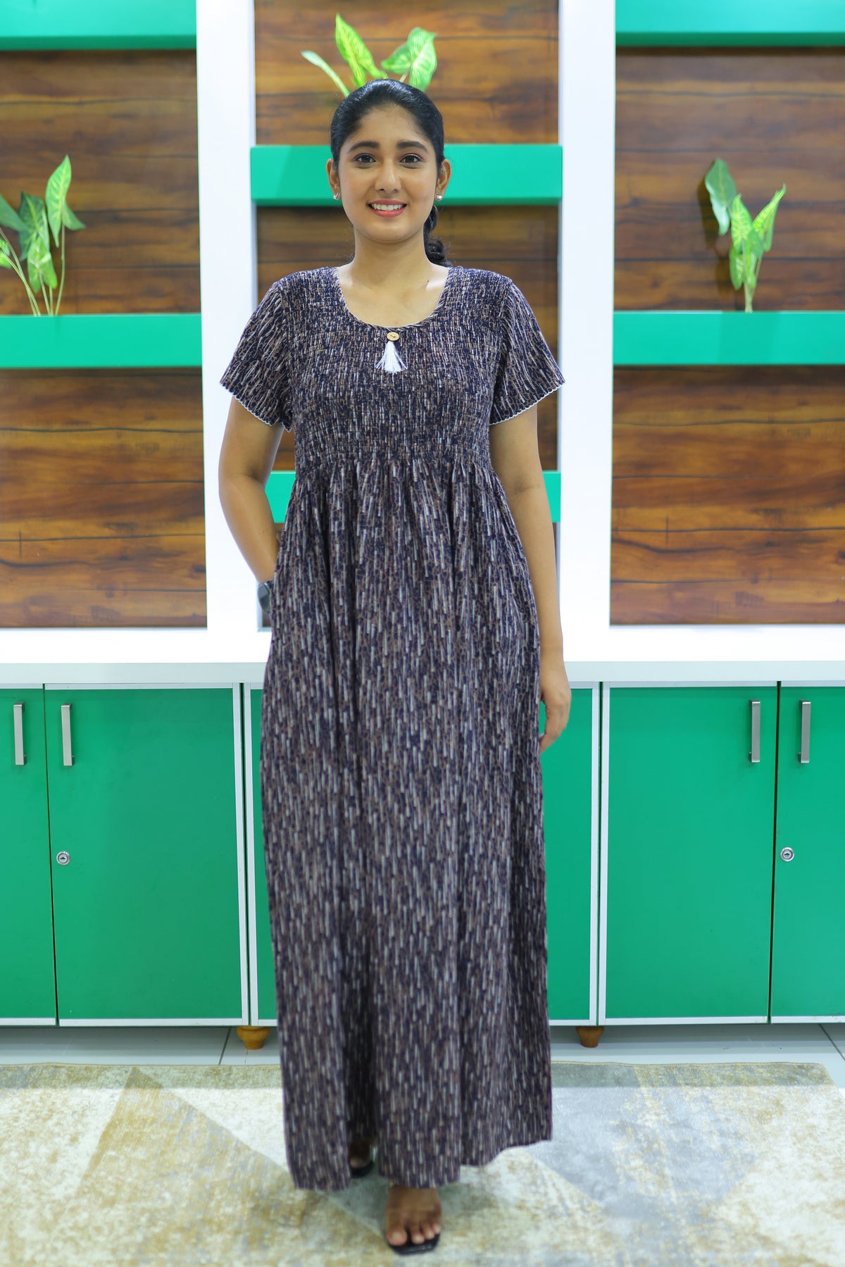 ALPINE Free Size Smocking Nighty | Beautiful Pleated Design | Side Pocket | Elastic Stretchable Model | Stylish Nighty for Trendy Women's(ALS-FS)