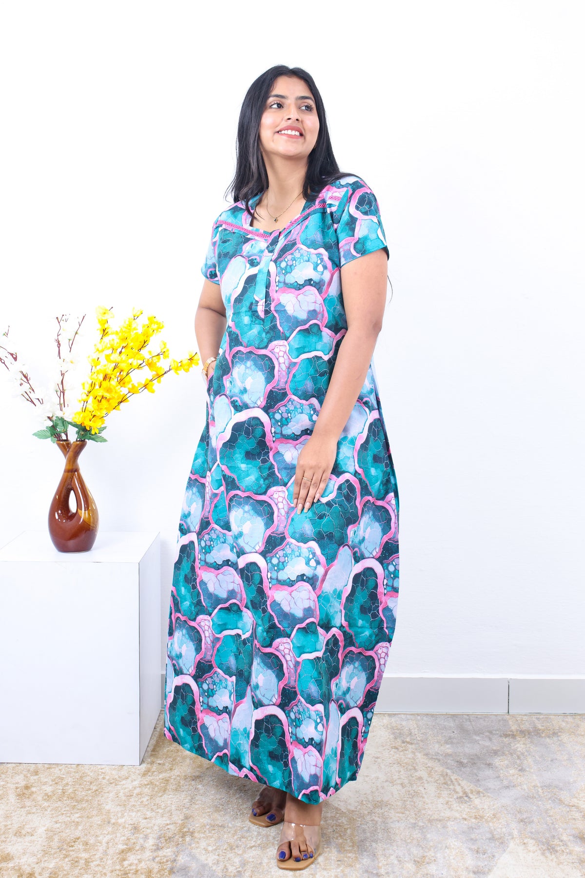 MANGAI New Regular Fit Cotton Printed Nighties - All Over Printed Stylish Nightwear for Stylish Women | Side Cut Pocket | Beautiful Nighties for Stylish Women's | Colourful Printed Cotton Nighties (SLB)