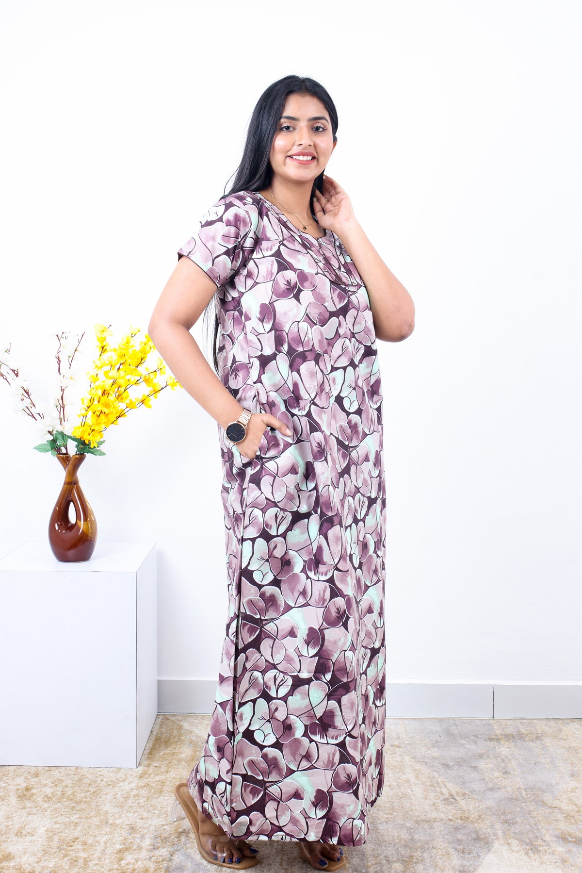 MANGAI New Regular Fit Cotton Printed Nighties - All Over Printed Stylish Nightwear for Stylish Women | Side Cut Pocket | Beautiful Nighties for Stylish Women's | Colourful Printed Cotton Nighties (SLB)