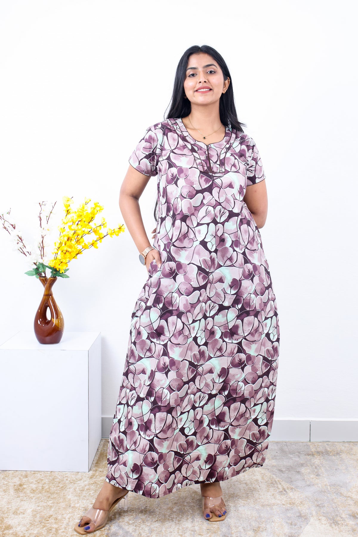 MANGAI New Regular Fit Cotton Printed Nighties - All Over Printed Stylish Nightwear for Stylish Women | Side Cut Pocket | Beautiful Nighties for Stylish Women's | Colourful Printed Cotton Nighties (SLB)