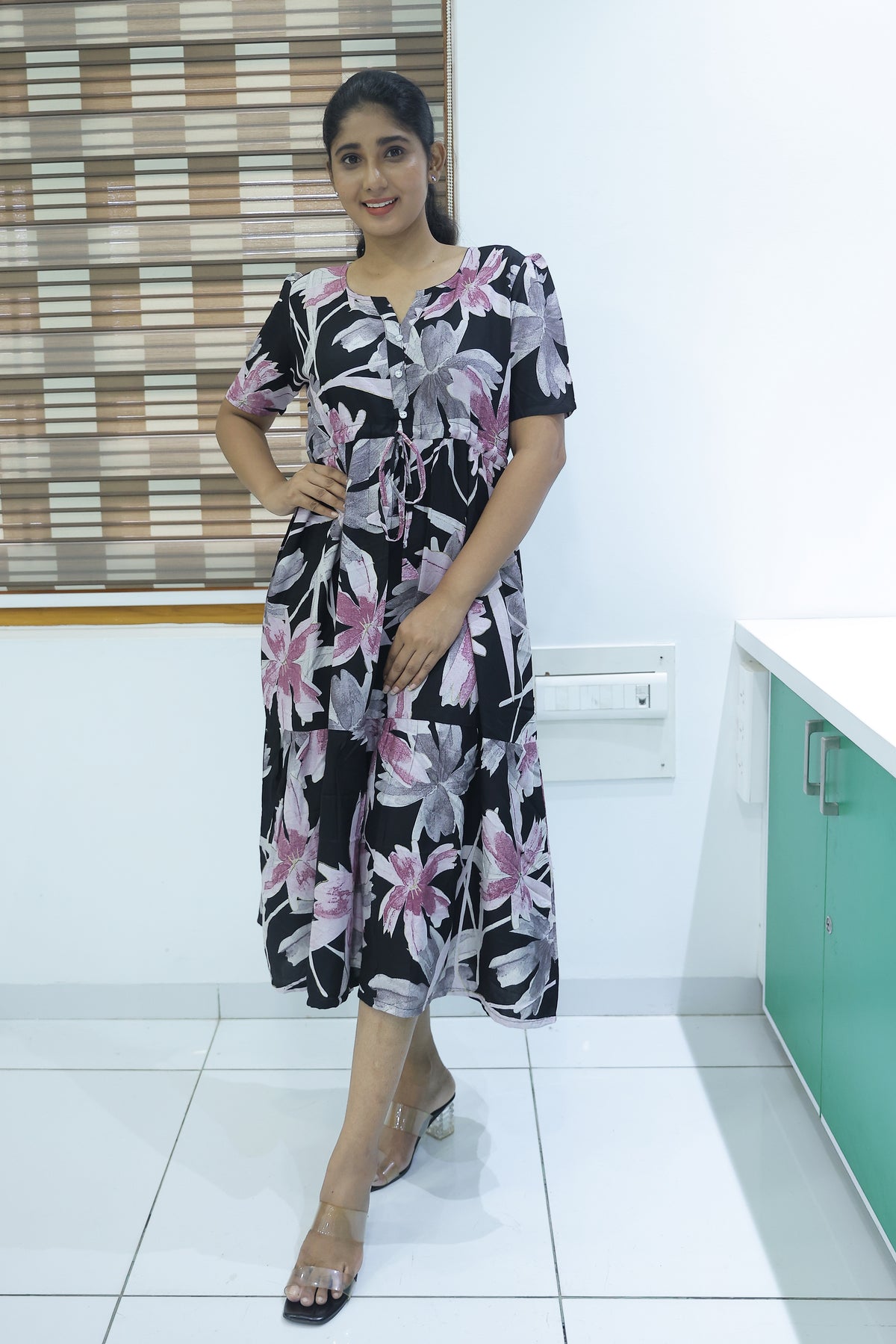 Rayon Colourful Foil Printing Gathering Frock Model Nighties | Side Pocket and Gathering Front Rope | Fancy Sleeve & Maxi Frock Nightwear for Stylish Women's (FGF)