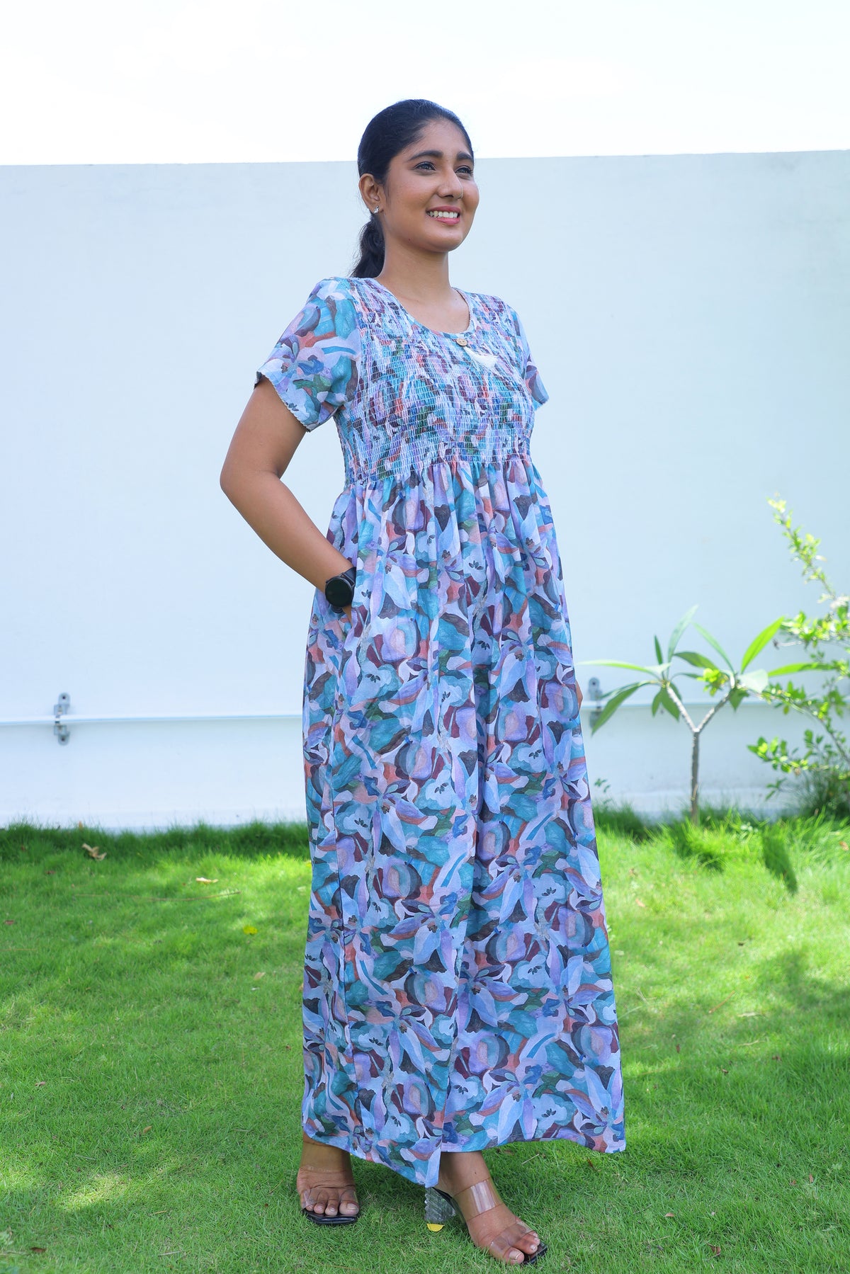 ALPINE Free Size Smocking Nighty | Beautiful Pleated Design | Side Pocket | Elastic Stretchable Model | Stylish Nighty for Trendy Women's (ALS-FS)