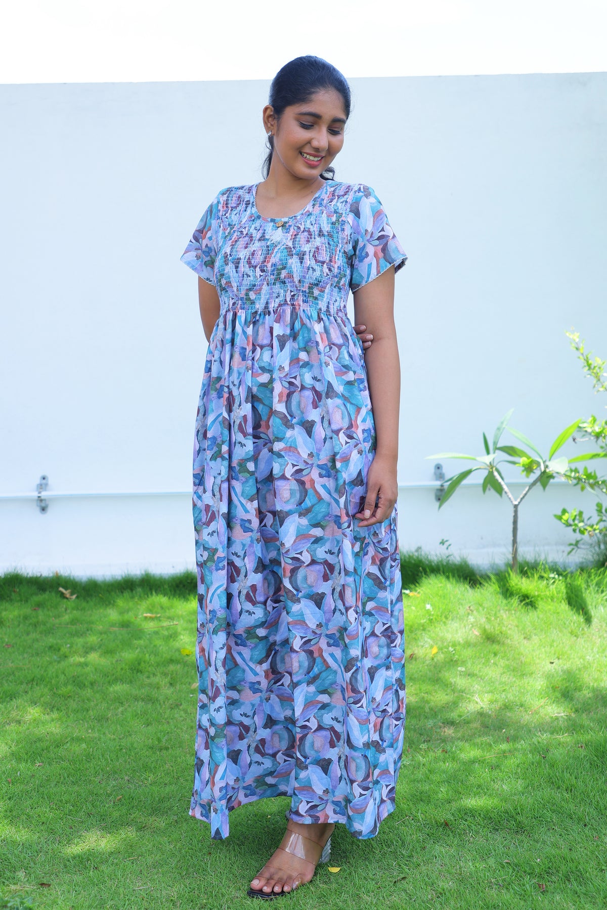 ALPINE Free Size Smocking Nighty | Beautiful Pleated Design | Side Pocket | Elastic Stretchable Model | Stylish Nighty for Trendy Women's (ALS-FS)