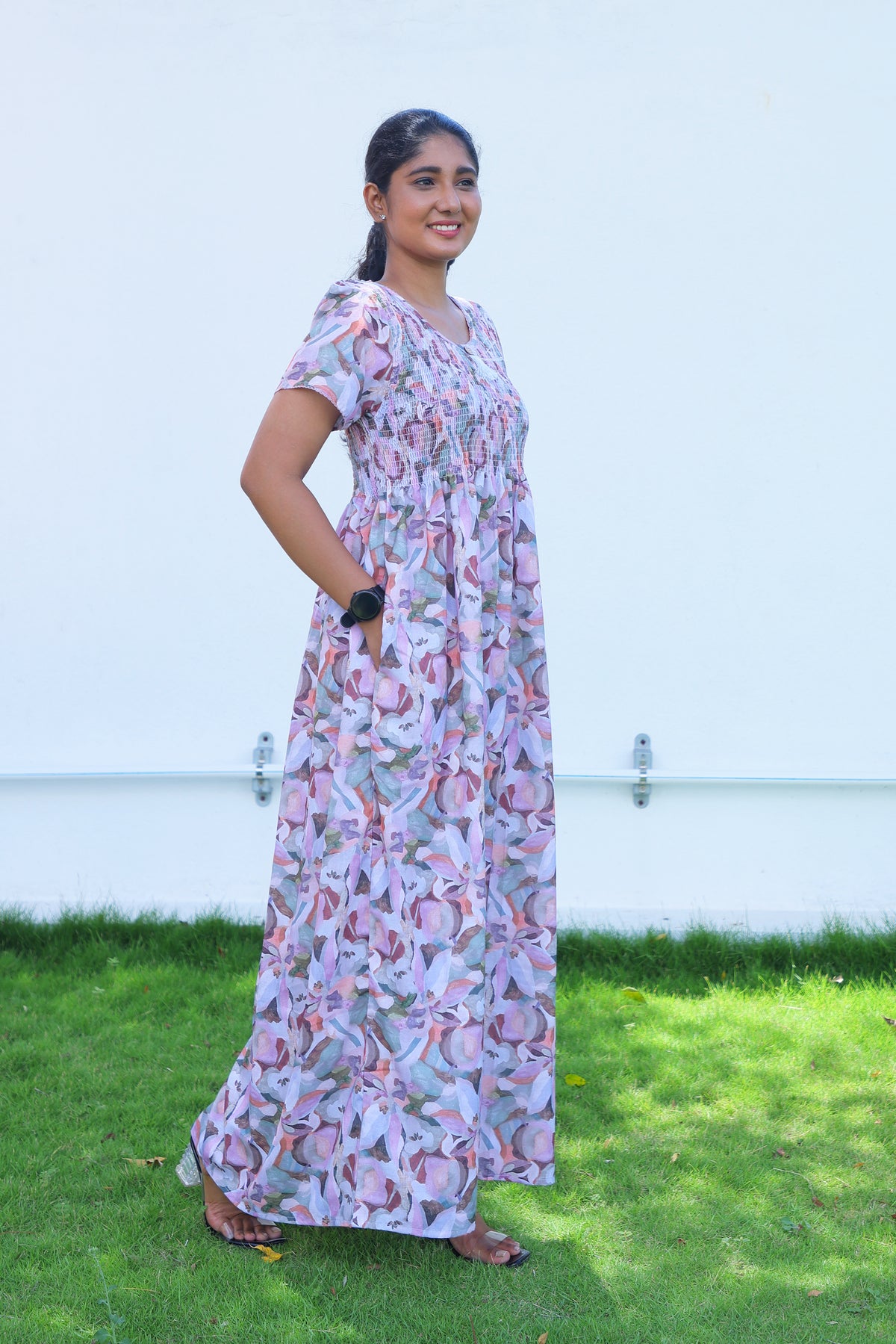 ALPINE Free Size Smocking Nighty | Beautiful Pleated Design | Side Pocket | Elastic Stretchable Model | Stylish Nighty for Trendy Women's (ALS-FS)