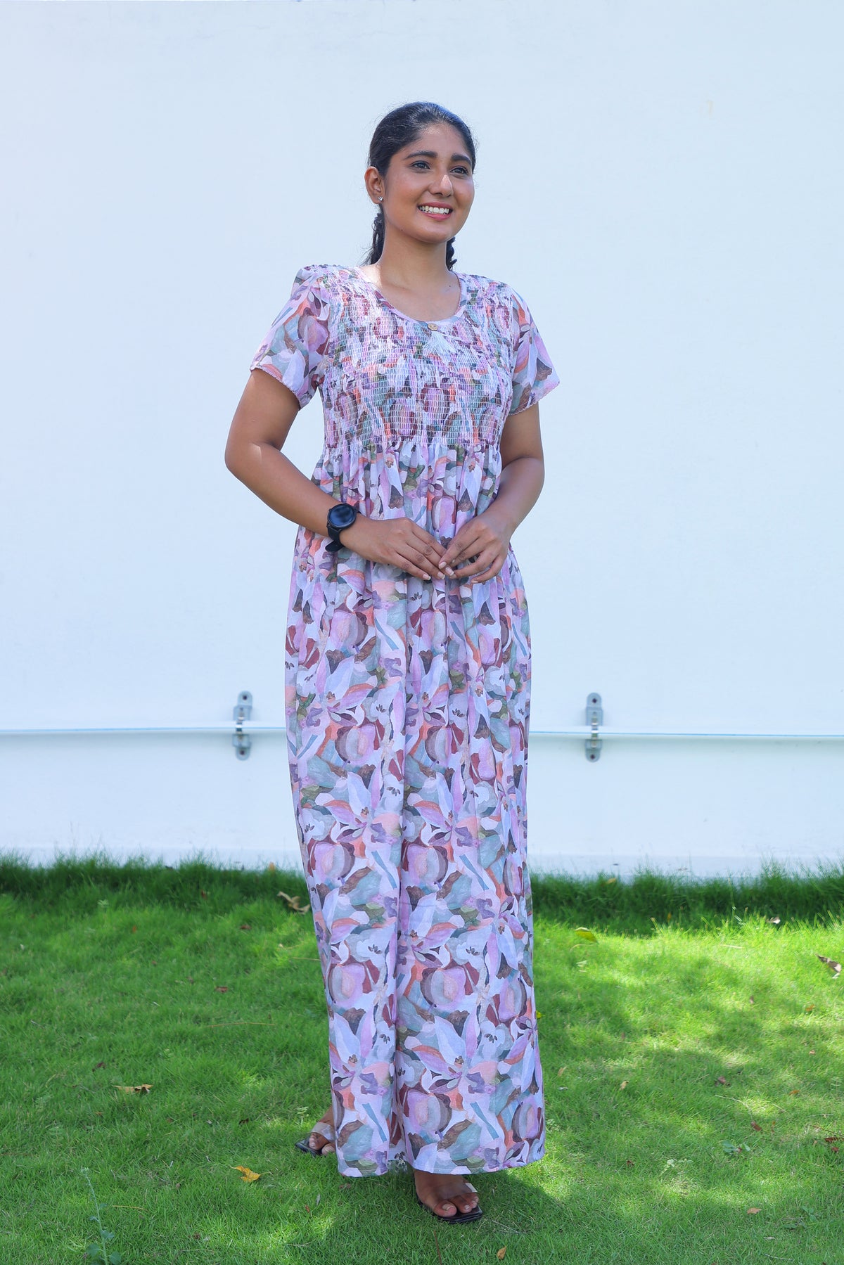 ALPINE Free Size Smocking Nighty | Beautiful Pleated Design | Side Pocket | Elastic Stretchable Model | Stylish Nighty for Trendy Women's (ALS-FS)