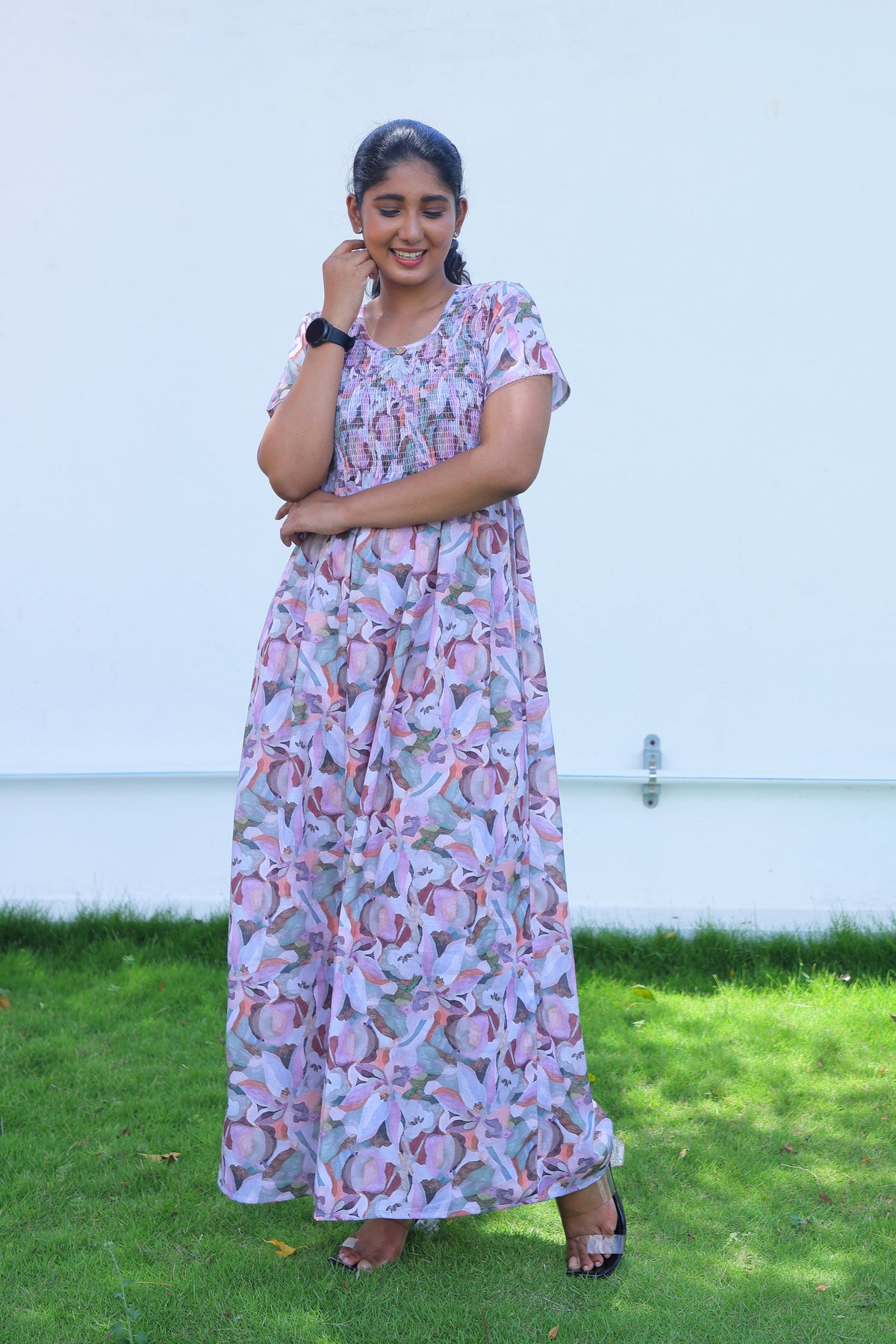 ALPINE Free Size Smocking Nighty | Beautiful Pleated Design | Side Pocket | Elastic Stretchable Model | Stylish Nighty for Trendy Women's (ALS-FS)