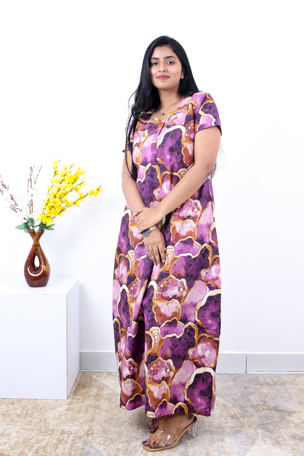 MANGAI New Regular Fit Cotton Printed Nighties - All Over Printed Stylish Nightwear for Stylish Women | Side Cut Pocket | Beautiful Nighties for Stylish Women's | Colourful Printed Cotton Nighties (SLB)