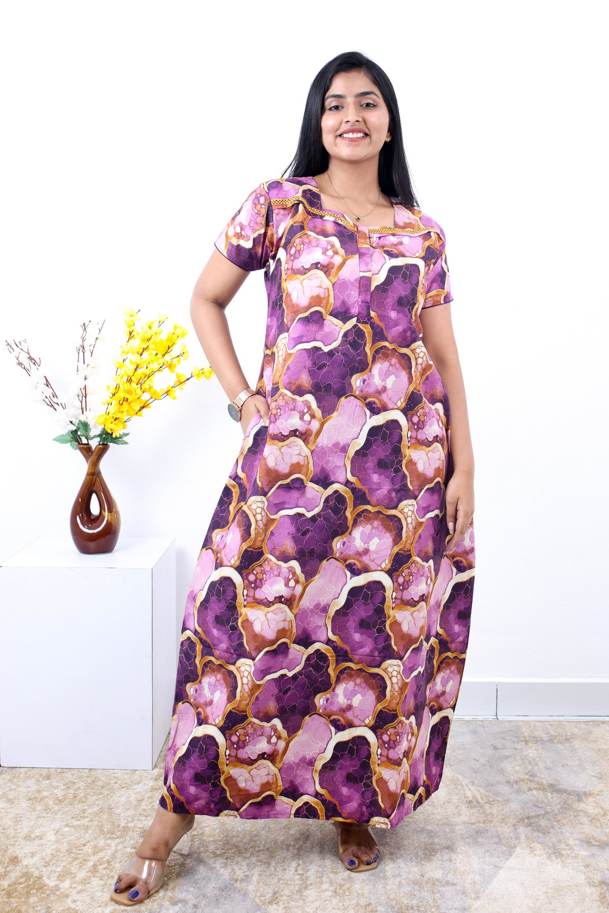 MANGAI New Regular Fit Cotton Printed Nighties - All Over Printed Stylish Nightwear for Stylish Women | Side Cut Pocket | Beautiful Nighties for Stylish Women's | Colourful Printed Cotton Nighties (SLB)